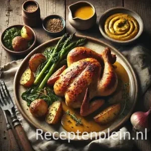 Scharrelkip met grove mosterdsaus en groenten op rustieke houten tafel.