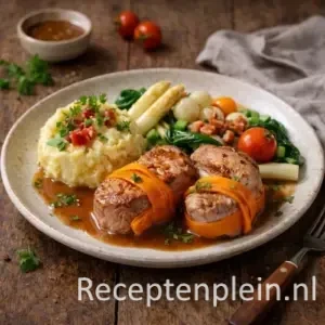 Varkenshaasje met groenten en biersaus op een rustieke houten tafel