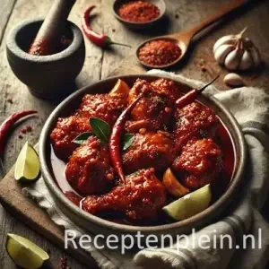 Natuurgetrouwe foodfoto in thuiskeukenstijl van Ajam Bali, pittige Balinese kip in een rijke rode sambalsaus, geserveerd in een eenvoudige keramische kom op een rustieke houten tafel, licht uitgezoomd zodat de tafel goed zichtbaar is. De kipstukken zijn bedekt met een dikke, licht olieachtige chilisaus met zichtbare kruiden en specerijen. Gegarneerd met partjes limoen en rode pepers, gefotografeerd in warm natuurlijk daglicht met minimale styling voor een authentieke, huiselijke uitstraling.