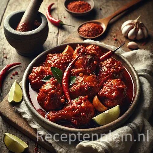 Natuurgetrouwe foodfoto in thuiskeukenstijl van Ajam Bali, pittige Balinese kip in een rijke rode sambalsaus, geserveerd in een eenvoudige keramische kom op een rustieke houten tafel, licht uitgezoomd zodat de tafel goed zichtbaar is. De kipstukken zijn bedekt met een dikke, licht olieachtige chilisaus met zichtbare kruiden en specerijen. Gegarneerd met partjes limoen en rode pepers, gefotografeerd in warm natuurlijk daglicht met minimale styling voor een authentieke, huiselijke uitstraling.