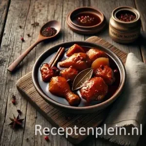 Natuurgetrouwe foodfoto in thuiskeukenstijl van Ajam Semur Djawa, Javaanse gestoofde kip in een rijke donkerbruine ketjapsaus, geserveerd in een diepe keramische kom op een rustieke houten tafel, licht uitgezoomd zodat de tafel goed zichtbaar is. De kipstukken liggen in een glanzende zoete sojasaus met gekaramelliseerde uien en hele specerijen zoals kruidnagel en laurier. Gefotografeerd in warm natuurlijk daglicht met minimale styling voor een authentieke, huiselijke uitstraling.