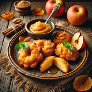 Een rustieke oude houten tafel met goudbruine appelbeignets, gevuld met amandelspijs en geserveerd met een kommetje gemberchutney. De beignets zijn krokant en bestrooid met kaneel en suiker, gegarneerd met munt. Eén beignet is opengesneden zodat de vulling zichtbaar is. De tafel is sfeervol aangekleed met herfstdecoratie zoals blaadjes en een warme servet.