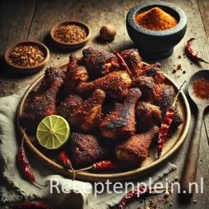 Natuurgetrouwe foodfoto in thuiskeukenstijl van Be Siap Mesisit, Balinese gerookte en gefrituurde kip, geserveerd op een eenvoudig keramisch bord op een rustieke houten tafel, licht uitgezoomd zodat de tafel goed zichtbaar is. De kipstukken zijn donker goudbruin met een droge, intens gekruide en licht rokerige buitenkant. Gegarneerd met partjes limoen en rode pepers, gefotografeerd in warm natuurlijk daglicht met minimale styling voor een authentieke, huiselijke uitstraling.
