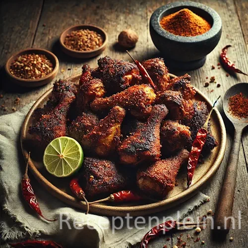 Natuurgetrouwe foodfoto in thuiskeukenstijl van Be Siap Mesisit, Balinese gerookte en gefrituurde kip, geserveerd op een eenvoudig keramisch bord op een rustieke houten tafel, licht uitgezoomd zodat de tafel goed zichtbaar is. De kipstukken zijn donker goudbruin met een droge, intens gekruide en licht rokerige buitenkant. Gegarneerd met partjes limoen en rode pepers, gefotografeerd in warm natuurlijk daglicht met minimale styling voor een authentieke, huiselijke uitstraling.