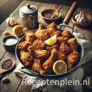 Natuurgetrouwe foodfoto in thuiskeukenstijl van Indonesische gedroogde kip in een metalen wok op een rustieke houten tafel, licht uitgezoomd zodat de tafel goed zichtbaar is. De kipstukken zijn goudbruin en knapperig gebakken met een droge, krokante buitenkant en gegarneerd met schijfjes citroen. Op tafel liggen een houten lepel, schaaltjes met peper en knoflook en een doek in warm natuurlijk daglicht voor een realistische, huiselijke uitstraling.