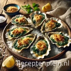 Gegratineerde oesters recept op een rustieke houten tafel