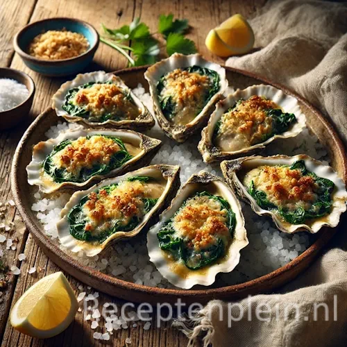 Gegratineerde oesters recept op een rustieke houten tafel