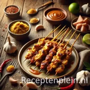 Natuurlijk ogende foodfoto van Indonesische gemarineerde kipspiesjes met lichte grillstrepen op een keramisch bord op een warm bruine houten tafel met duidelijke houtstructuur, geserveerd met pindasaus en omringd door knoflook, rode peper, limoen en kruiden in zacht diffuus daglicht.