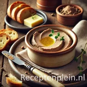 Huisgemaakte kippenleverpaté op rustieke houten tafel