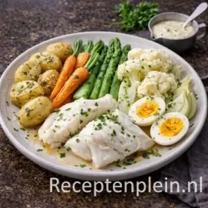 Kabeljauwmaaltijd met knoflooksaus op een rustieke houten tafel.