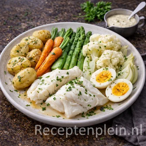 Kabeljauwmaaltijd met knoflooksaus op een rustieke houten tafel.