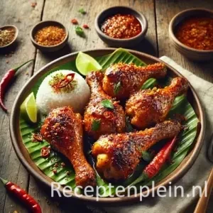 Hyper-realistische foodfoto van Indonesische kip drumsticks met goudbruine, gekruide en licht gekaramelliseerde huid, geserveerd op een rond keramisch bord met bananenblad op een rustieke houten tafel. De compositie is licht uitgezoomd waardoor de houtstructuur duidelijk zichtbaar is. De drumsticks glanzen van de kruidige saus en zijn gegarneerd met rode chilipepers en verse groene kruiden. Rondom staan een kom witte rijst, limoenpartjes, kleine schaaltjes met dipsaus en een linnen doek, verlicht met warm namiddaglicht voor een levendige premium food magazine uitstraling.