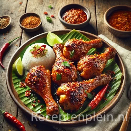 Hyper-realistische foodfoto van Indonesische kip drumsticks met goudbruine, gekruide en licht gekaramelliseerde huid, geserveerd op een rond keramisch bord met bananenblad op een rustieke houten tafel. De compositie is licht uitgezoomd waardoor de houtstructuur duidelijk zichtbaar is. De drumsticks glanzen van de kruidige saus en zijn gegarneerd met rode chilipepers en verse groene kruiden. Rondom staan een kom witte rijst, limoenpartjes, kleine schaaltjes met dipsaus en een linnen doek, verlicht met warm namiddaglicht voor een levendige premium food magazine uitstraling.