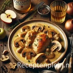 Natuurlijk ogende foodfoto van kip in romige calvadossaus met champignons op een keramisch bord op een warm bruine houten tafel met duidelijke houtstructuur, omringd door verse paddenstoelen, een halve appel, knoflook, tijm en een glas calvados in zacht diffuus daglicht.