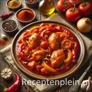 Natuurlijk ogende foodfoto van kip in paprika tomatensaus met rode en gele paprika en ui in een keramisch bord op een warm bruine houten tafel met duidelijke houtstructuur, omringd door verse tomaten, knoflook, paprikapoeder, peperkorrels en olijfolie in zacht diffuus daglicht.
