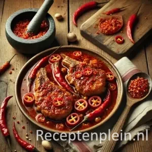 Natuurgetrouwe foodfoto in thuiskeukenstijl van Indonesische kipkarbonades met Spaanse pepers, geserveerd in een ondiepe keramische schaal op een rustieke houten tafel, licht uitgezoomd zodat de tafel goed zichtbaar is. De kipkarbonades met bot zijn gebakken en bedekt met een rode, licht olieachtige sambalsaus met zichtbare schijfjes rode peper en zaadjes. Op tafel liggen een vijzel met chilipasta, verse rode pepers en een houten lepel in warm natuurlijk daglicht voor een authentieke, huiselijke uitstraling.