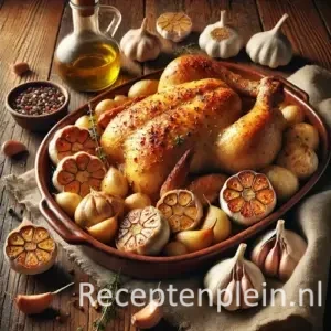 Natuurlijk ogende foodfoto van geroosterde kip met tientallen zachte, goudbruine teentjes knoflook in een ovenschaal op een warm bruine houten tafel met duidelijke houtstructuur, omringd door hele knoflookbollen, tijm, olijfolie en peperkorrels in zacht diffuus daglicht.