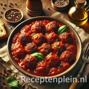 Hyper-realistische foodfoto van kruidige kipballetjes in een rijke tomatensaus, geserveerd in een rustieke keramische kom op een houten tafel. De goudbruin gebakken kipballetjes liggen in een dieprode saus met zichtbare tomatenstukjes en kruiden, afgewerkt met verse basilicum. Op de achtergrond staan een flesje olijfolie, schaaltjes peper en kruiden, een stuk knapperig brood en een linnen doek in warm natuurlijk licht met een mediterrane, premium food magazine uitstraling.