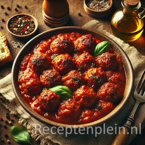 Hyper-realistische foodfoto van kruidige kipballetjes in een rijke tomatensaus, geserveerd in een rustieke keramische kom op een houten tafel. De goudbruin gebakken kipballetjes liggen in een dieprode saus met zichtbare tomatenstukjes en kruiden, afgewerkt met verse basilicum. Op de achtergrond staan een flesje olijfolie, schaaltjes peper en kruiden, een stuk knapperig brood en een linnen doek in warm natuurlijk licht met een mediterrane, premium food magazine uitstraling.