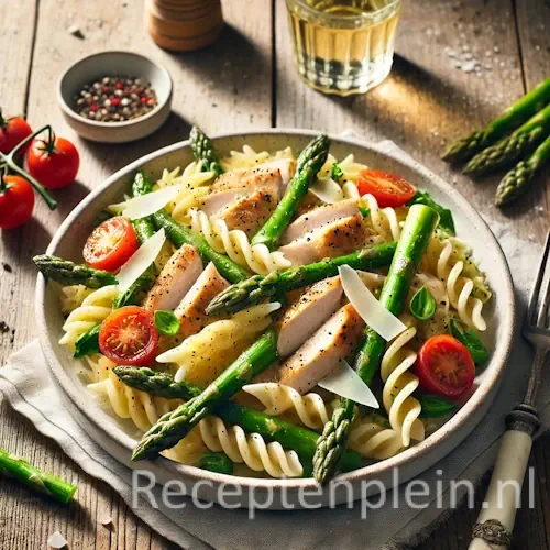 Hyper-realistische foodfoto van een pastasalade met fusilli, gegrilde kipreepjes, groene asperges en gehalveerde cherrytomaten in een lichte keramische schaal op een rustieke houten tafel. De salade is afgewerkt met Parmezaanse kaasschaafsel, verse basilicum en een glanzende citroen-kruidendressing. Op de achtergrond staan een glas witte wijn, rauwe asperges, een schaaltje peper en een linnen servet in warm natuurlijk daglicht met een frisse, zomerse premium food magazine uitstraling.
