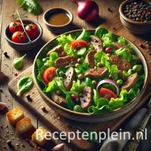Natuurlijk ogende foodfoto van een salade met gebakken kippenlevertjes, gemengde sla, cherrytomaten en rode ui in een keramische kom op een warm bruine houten tafel met duidelijke houtstructuur, omringd door vinaigrette, peperkorrels en knoflook in zacht diffuus daglicht.