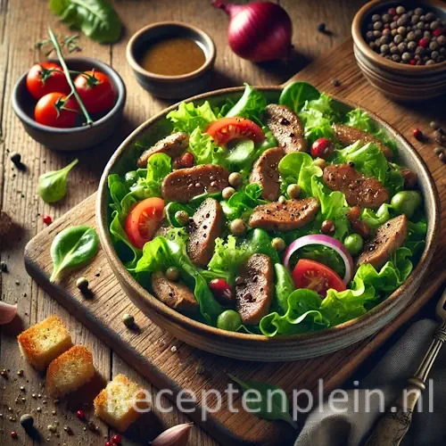 Natuurlijk ogende foodfoto van een salade met gebakken kippenlevertjes, gemengde sla, cherrytomaten en rode ui in een keramische kom op een warm bruine houten tafel met duidelijke houtstructuur, omringd door vinaigrette, peperkorrels en knoflook in zacht diffuus daglicht.