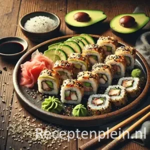 Natuurlijk ogende foodfoto van sushi met gerookte kip, avocado en komkommer op een keramisch bord op een warm bruine houten tafel met duidelijke houtstructuur, omringd door sojasaus, ingelegde gember, wasabi, losse sesamzaadjes en chopsticks in zacht diffuus daglicht.