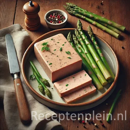 Natuurlijk ogende foodfoto van een terrine van gerookte kipmousse met groene asperges op een keramisch bord op een warm bruine houten tafel met duidelijke houtstructuur, omringd door verse asperges, peperkorrels, mes en linnen doek in zacht diffuus daglicht.