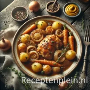Vlaamse kip in bruine saus met aardappelen en ui op rustieke houten tafel.