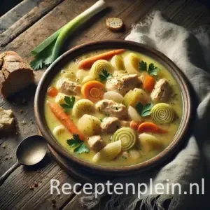 Vlaamse waterzooi met kip, prei en wortel in romige soep op houten tafel.