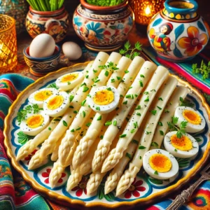 Gemarineerde witte asperges, geserveerd op een kleurrijke schaal, gegarneerd met fijngehakte bieslook, stukjes hardgekookt ei en een takje tijm.