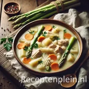 Waterzooi met kip en asperges op rustieke houten tafel