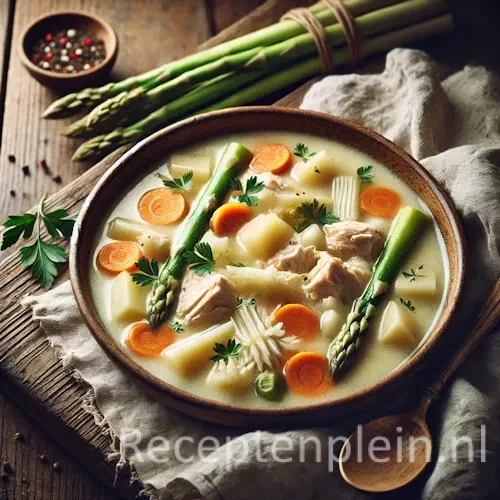 Waterzooi met kip en asperges op rustieke houten tafel