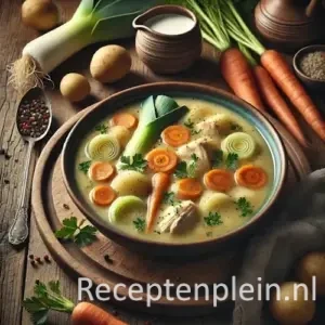 Natuurlijk ogende foodfoto van romige waterzooi van kip met wortel, prei en aardappelen in een diepe keramische kom op een warm bruine houten tafel met duidelijke houtstructuur, omringd door verse groenten, room en peperkorrels in zacht diffuus daglicht.