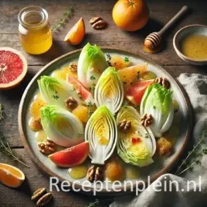 Hyper-realistische foodfoto van een witlofsalade met partjes sinaasappel, grapefruit en bloedsinaasappel, afgewerkt met honing-mosterd dressing en walnoten, geserveerd op een keramisch bord op een rustieke houten tafel. Op de achtergrond staan een potje honing met lepel, een schaaltje dressing, verse tijm en gehalveerde citrusvruchten, vastgelegd in warm natuurlijk daglicht met een frisse, premium food magazine uitstraling.