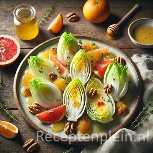 Hyper-realistische foodfoto van een witlofsalade met partjes sinaasappel, grapefruit en bloedsinaasappel, afgewerkt met honing-mosterd dressing en walnoten, geserveerd op een keramisch bord op een rustieke houten tafel. Op de achtergrond staan een potje honing met lepel, een schaaltje dressing, verse tijm en gehalveerde citrusvruchten, vastgelegd in warm natuurlijk daglicht met een frisse, premium food magazine uitstraling.