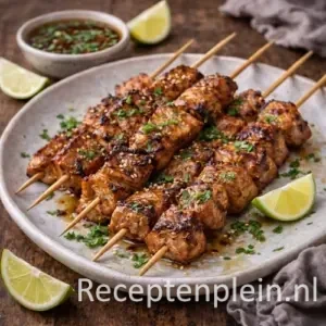 Oosterse varkenshaasspiesjes van de barbecue op een rustieke houten tafel.