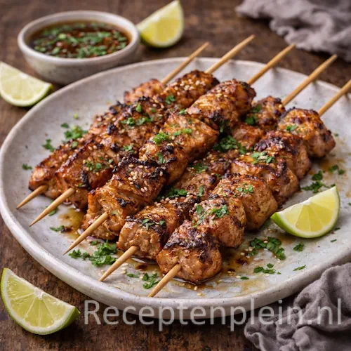 Oosterse varkenshaasspiesjes van de barbecue op een rustieke houten tafel.
