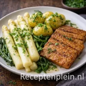asperge fruitfilet op een rustieke houten tafel.
