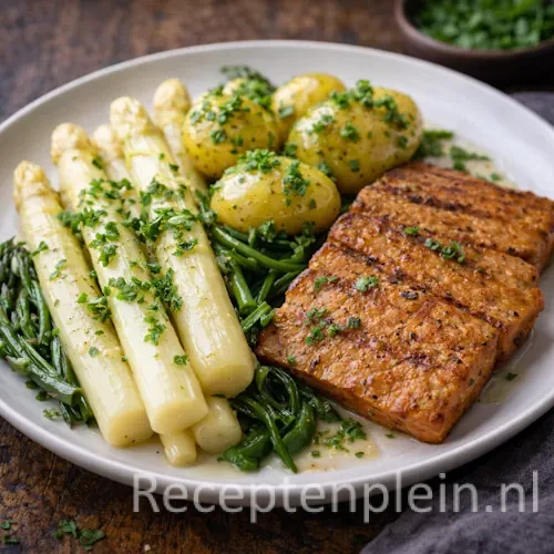 asperge fruitfilet op een rustieke houten tafel.