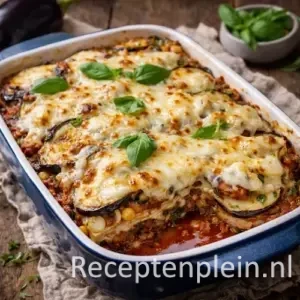 Aubergine lasagne met gehakt en Taleggio op een rustieke houten tafel.