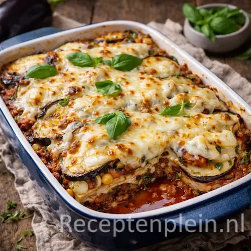 Aubergine lasagne met gehakt en Taleggio op een rustieke houten tafel.