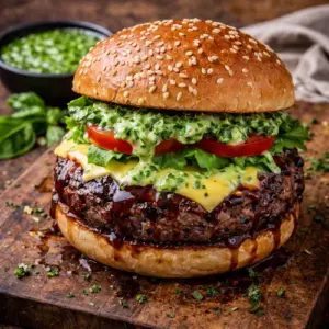 BBQ burger met basilicumdressing op rustieke houten tafel