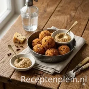 bitterballen met nagelkaas op een rustieke houten tafel.