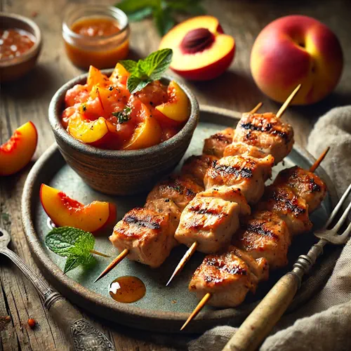 Gegrilde Kalkoenspiesjes met Verse Nectarinecompote op rustieke houten tafel