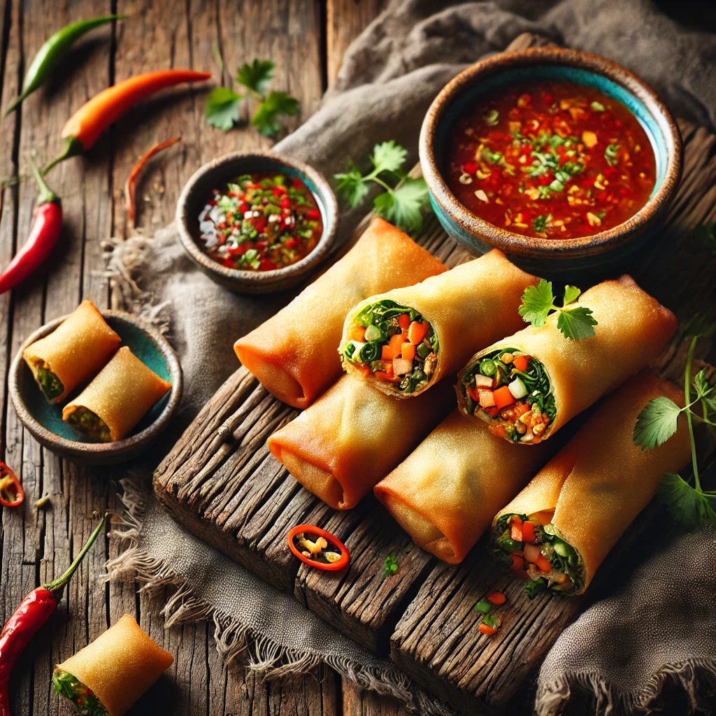 Een rustieke oude houten tafel met knapperige vegetarische loempia’s, goudbruin gebakken. Enkele loempia’s zijn doorgesneden om de kleurrijke groentevulling te tonen. Ernaast staat een kommetje zoete chilisaus, gegarneerd met verse kruiden.