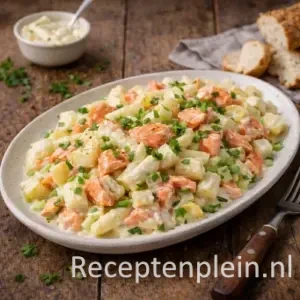 Zalmsalade met asperges op een rustieke houten tafel