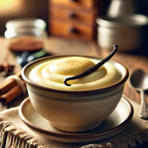 Crème Anglaise: romige, vanille-gespikkelde custard in een rustieke keramische kom, geserveerd op een houten tafel met een kaneelstokje en verse bessen.