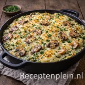 Gegratineerde broccoli uit de oven op een rustieke houten tafel.