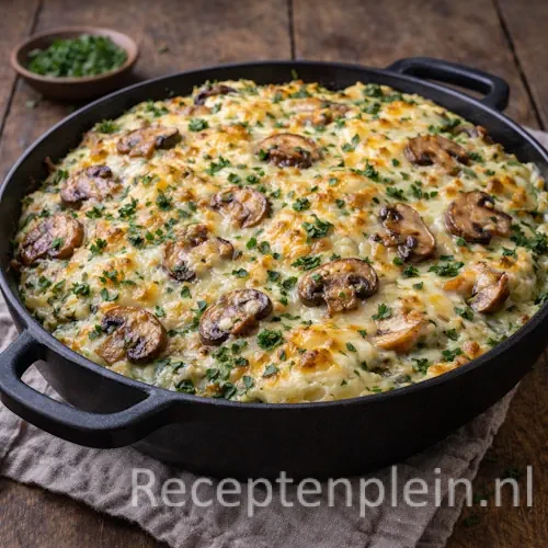 Gegratineerde broccoli uit de oven op een rustieke houten tafel.
